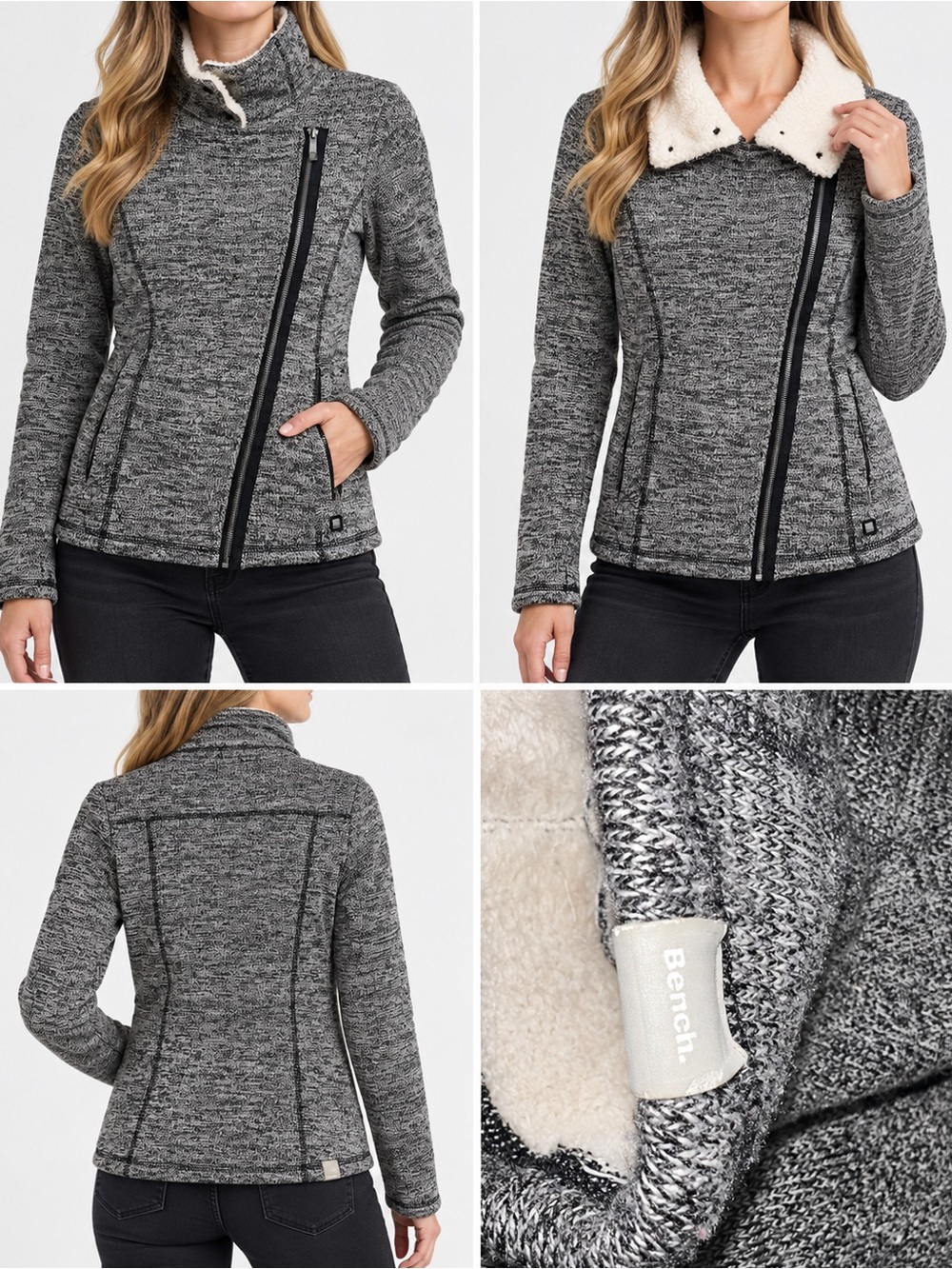 Bench XS Marled Gray Sherpa Collar Asymmetrical Zip Moto Jacket